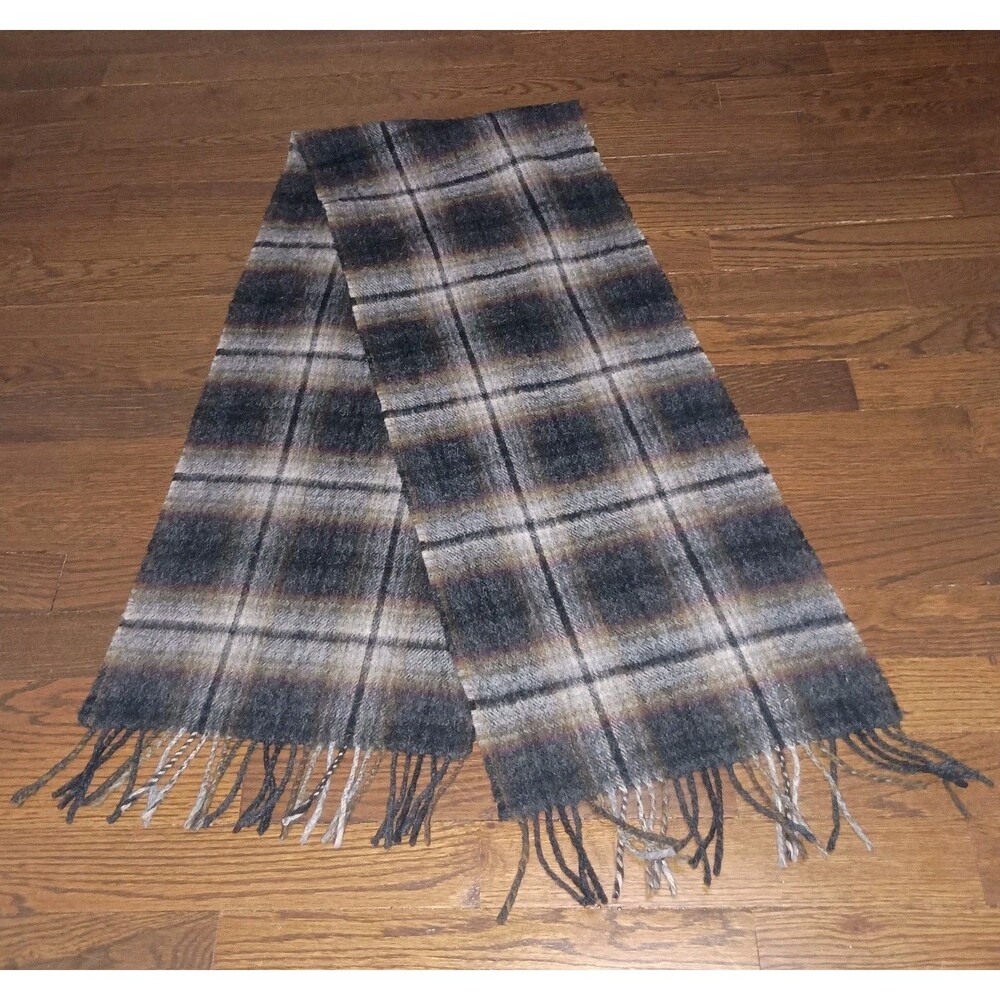 100% Irish Lambswool Scarf Black Brown Plaid 57.5" Made In Ireland